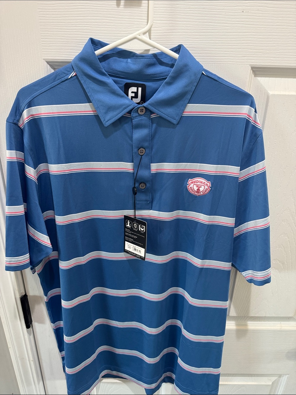 FootJoy Blue Striped Polo with Pink and White Accents
